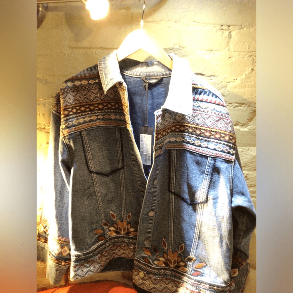 NEW Driftwood Boho Fringe jacket Denim Jacket with Multicolor Pattern - Picture 2 of 9
